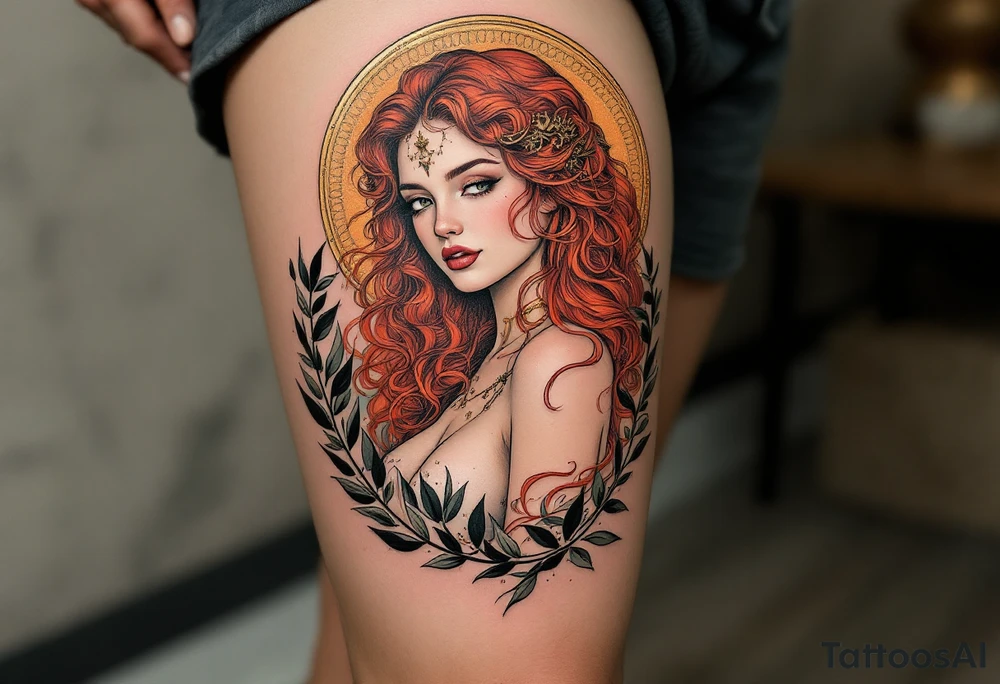 Alfons Mucha’s dreamy maiden with cascading red hair, embraced by copper-toned halos and intricate olive branches. tattoo idea