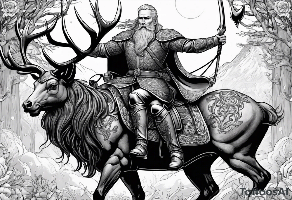 Nordic god Balder riding on a stag with a skull face tattoo idea