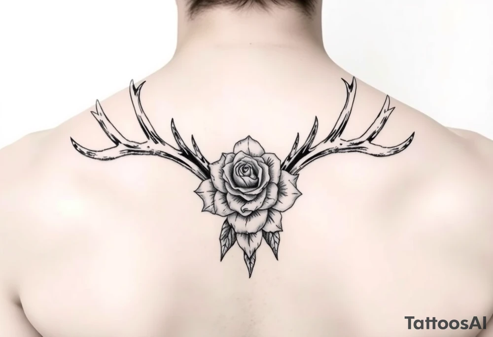 Deer antlers with flower of rose or pétunia tattoo idea