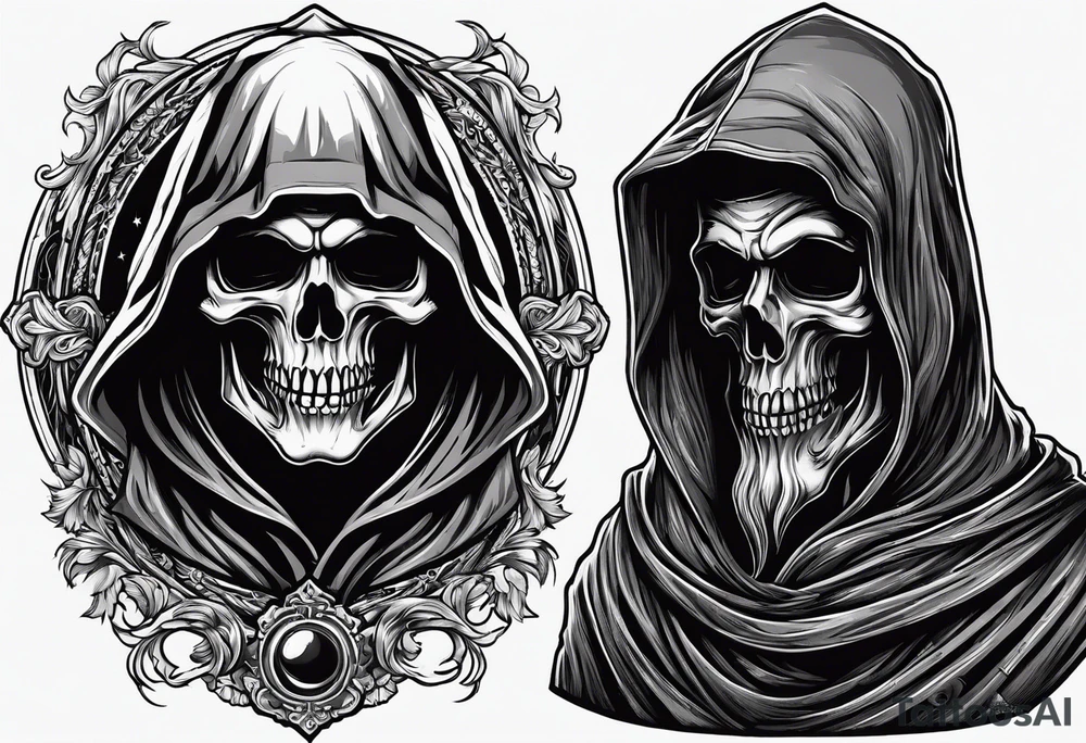 full body grim reaper with his hood off and a halo above his head tattoo idea