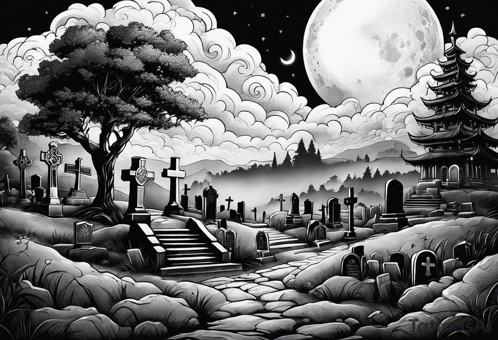 Cemetery on hills with smoke and moon tattoo idea