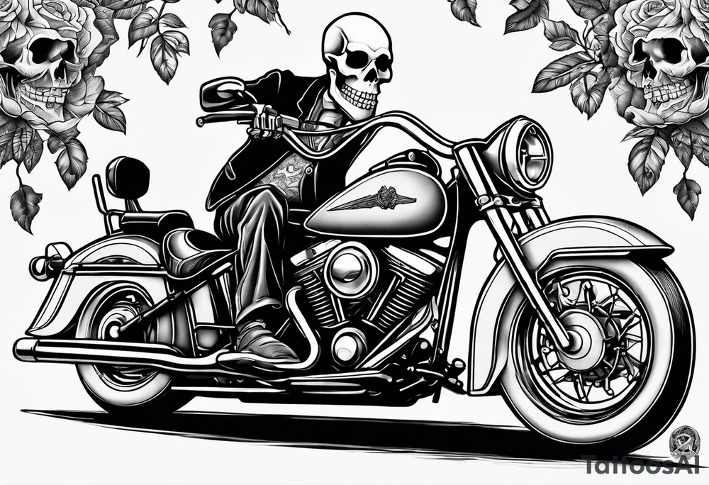 Old school skeleton with a shotgun riding a harley davidson tattoo idea