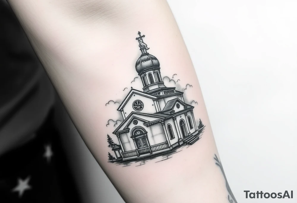 in a dorsal view a detailed orthodox church with a band at the front shrouded with a mist above and fading into a virgin mary overlooking above at the top tattoo idea