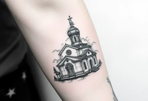 in a dorsal view a detailed orthodox church with a band at the front shrouded with a mist above and fading into a virgin mary overlooking above at the top tattoo idea