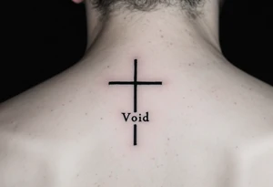 A deep black cross under a man’s right eye, in simple linework, next to the word "Void" on the other side in minimal, spaced-out letters. tattoo idea