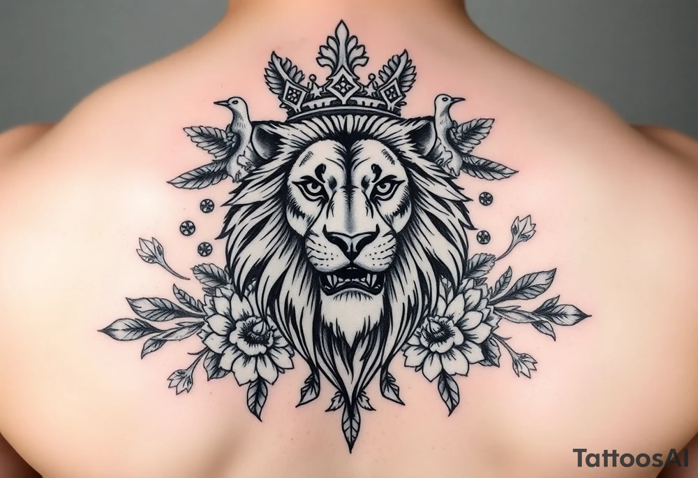 powerful majestic lion with a crown, surrounded by floral ornaments and birds tattoo idea