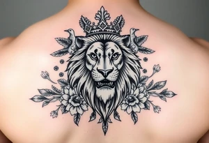 powerful majestic lion with a crown, surrounded by floral ornaments and birds tattoo idea
