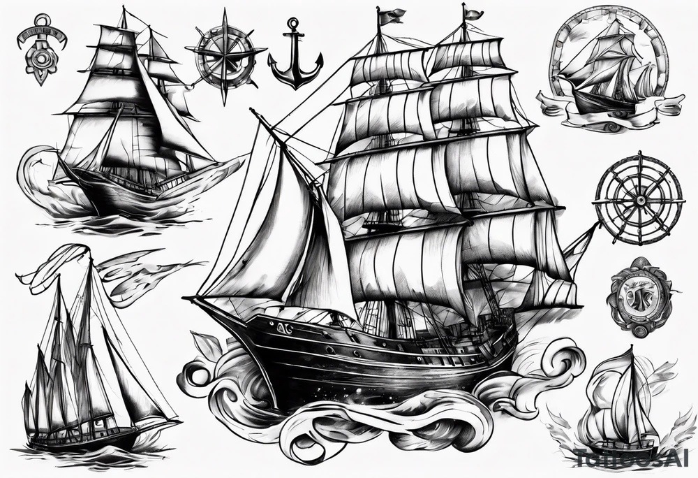 One sketch of a sailing ship tattoo idea