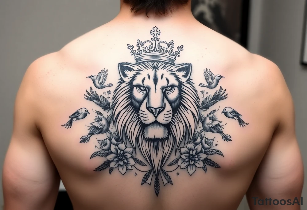 powerful majestic lion with a crown, surrounded by floral ornaments and birds tattoo idea