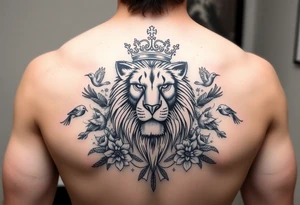powerful majestic lion with a crown, surrounded by floral ornaments and birds tattoo idea