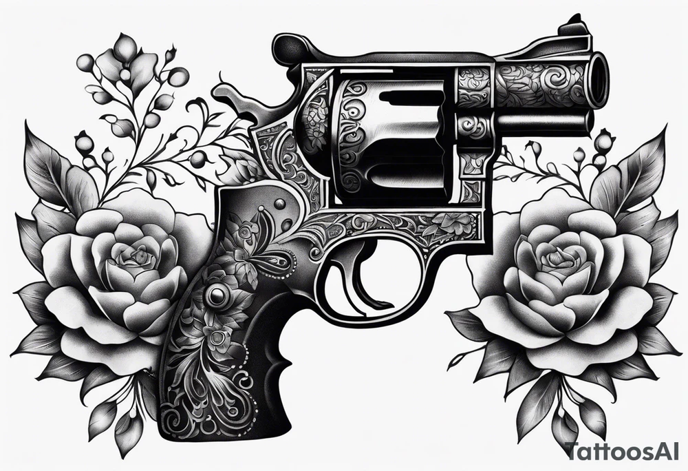 Western pistol with western filigree and floral or succulent accents for forearm sleeve tattoo idea