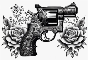 Western pistol with western filigree and floral or succulent accents for forearm sleeve tattoo idea