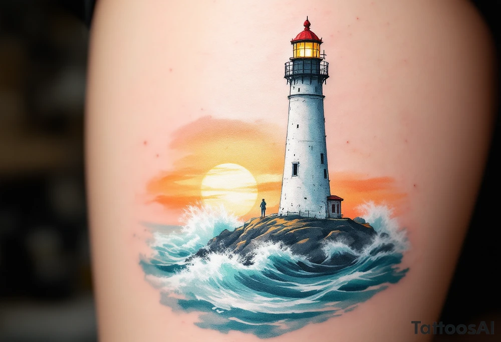 A tall, weathered white lighthouse with a bright red roof and railing, standing boldly on a rocky cliff surrounded by crashing teal-blue waves and glowing under a golden-orange sunset sky. tattoo idea