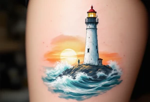 A tall, weathered white lighthouse with a bright red roof and railing, standing boldly on a rocky cliff surrounded by crashing teal-blue waves and glowing under a golden-orange sunset sky. tattoo idea