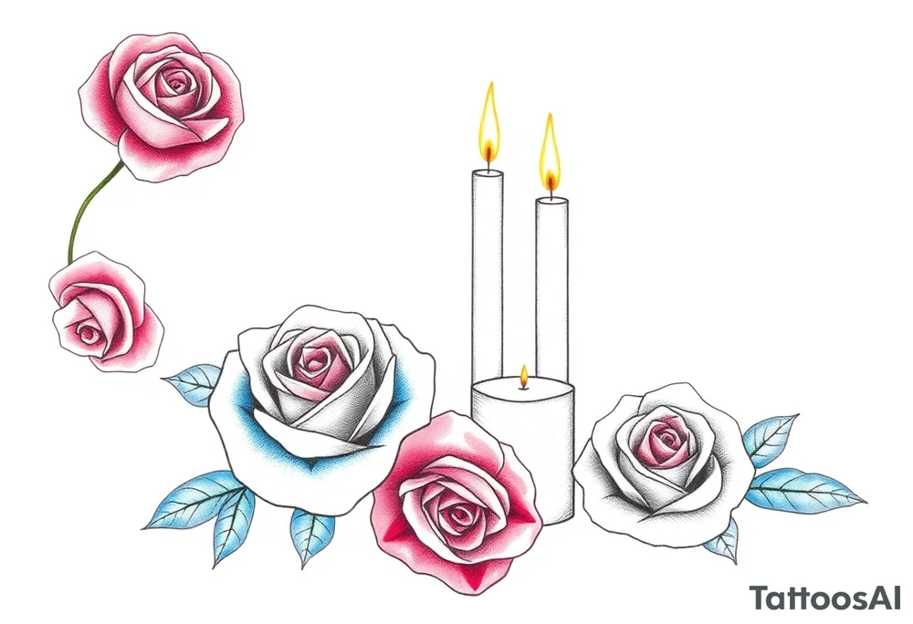 Passed love one, two roses, two candles, blue, hearts tattoo idea