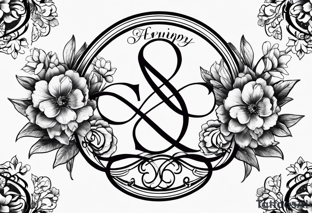 Infinity symbol with February, June, July and September birth flowers on one side and the date 8.30.1997 on the other side tattoo idea
