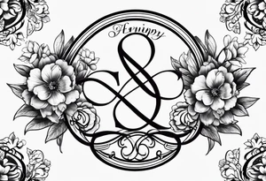 Infinity symbol with February, June, July and September birth flowers on one side and the date 8.30.1997 on the other side tattoo idea