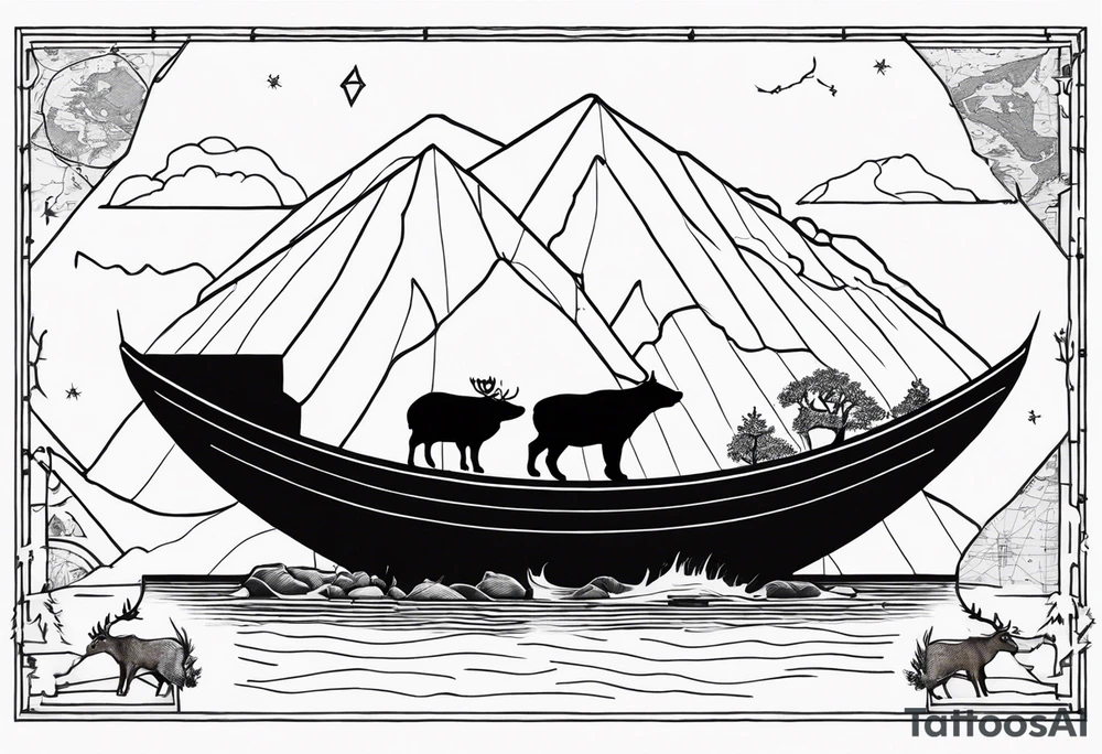 A badger and reindeer on an ark with the outlined by the map of Mallorca tattoo idea