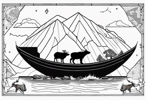 A badger and reindeer on an ark with the outlined by the map of Mallorca tattoo idea