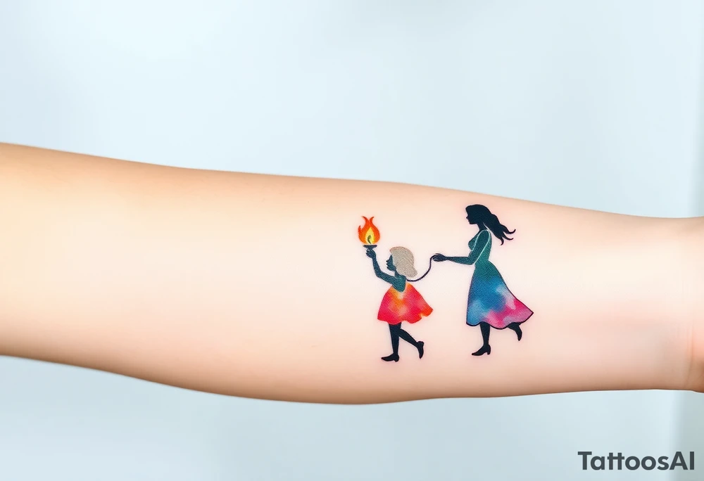 Silhouette of grandmother, mother and daughter passing a flame from oldest to youngest with the flame growing as it goes. tattoo idea
