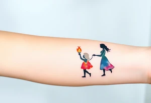 Silhouette of grandmother, mother and daughter passing a flame from oldest to youngest with the flame growing as it goes. tattoo idea