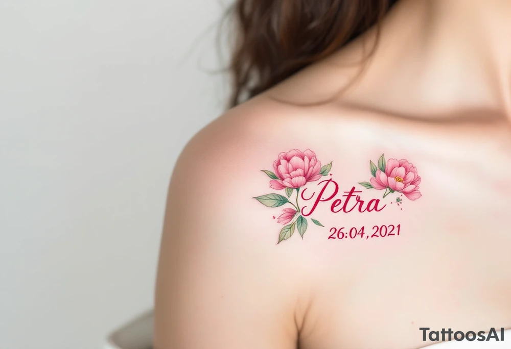 Petra 26. 04. 2021) – Bright pink peonies surrounding Petra's birthdate, with light green accents and soft, curved lines. tattoo idea