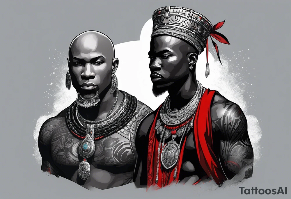 Black-skinned bald african warrior. He wears a simple and small silver crown. He uses two simple necklaces: one blue, other red. tattoo idea