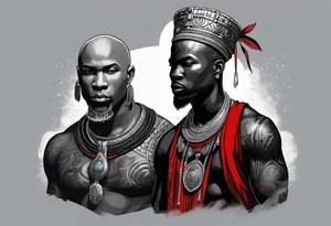 Black-skinned bald african warrior. He wears a simple and small silver crown. He uses two simple necklaces: one blue, other red. tattoo idea
