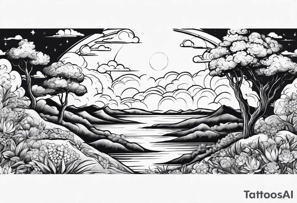 I want a arm sleeve where the sky is the background like the Calvin and Hobbes picture of them looking up at the sky tattoo idea