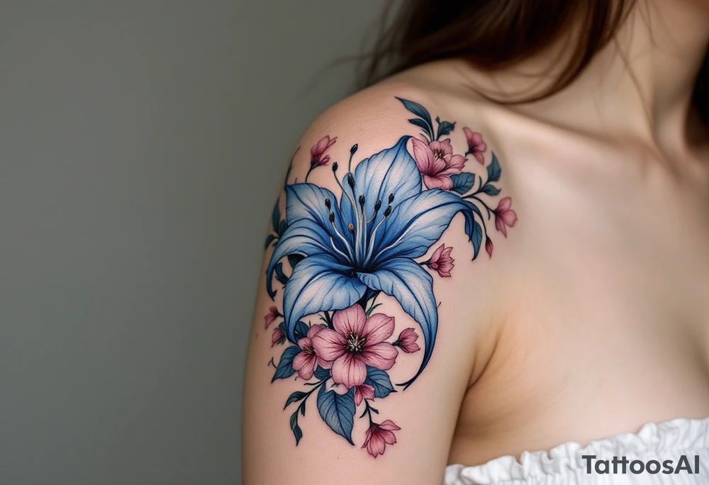 the flower blue spider lily from demon slayer and add cherry blossoms wrapped around upper arm tattoo idea