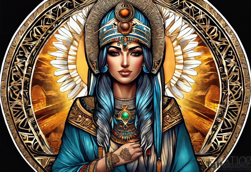Isis (top center): With wings and the sun disc on her head, holding the ankh. tattoo idea