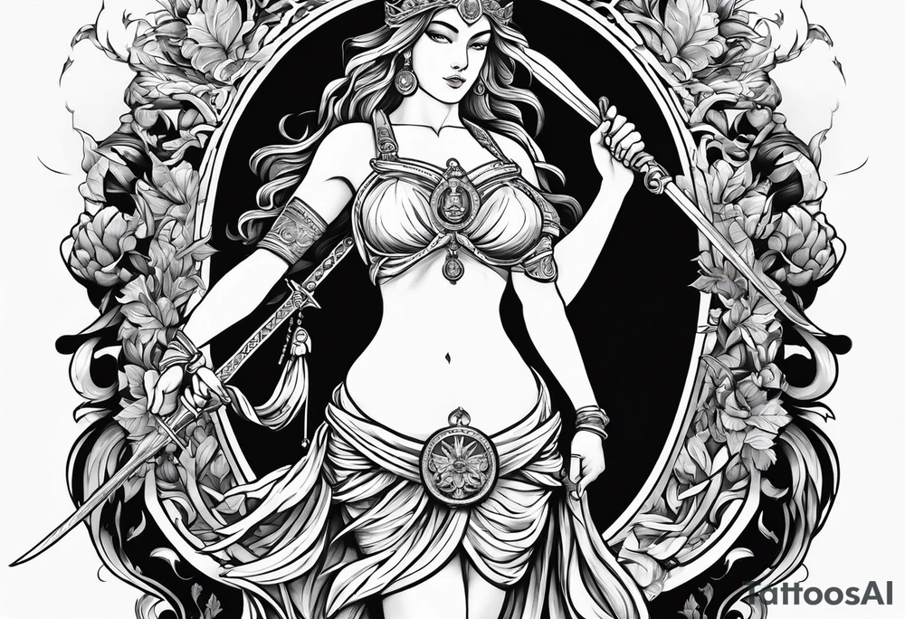 Nemesis, the goddess of justice, standing with sword and scale tattoo idea