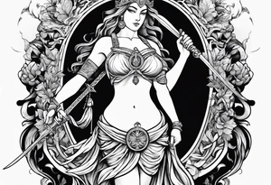 Nemesis, the goddess of justice, standing with sword and scale tattoo idea