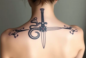 mystical snake coiled around an ancient dagger with jeweled hilt tattoo idea