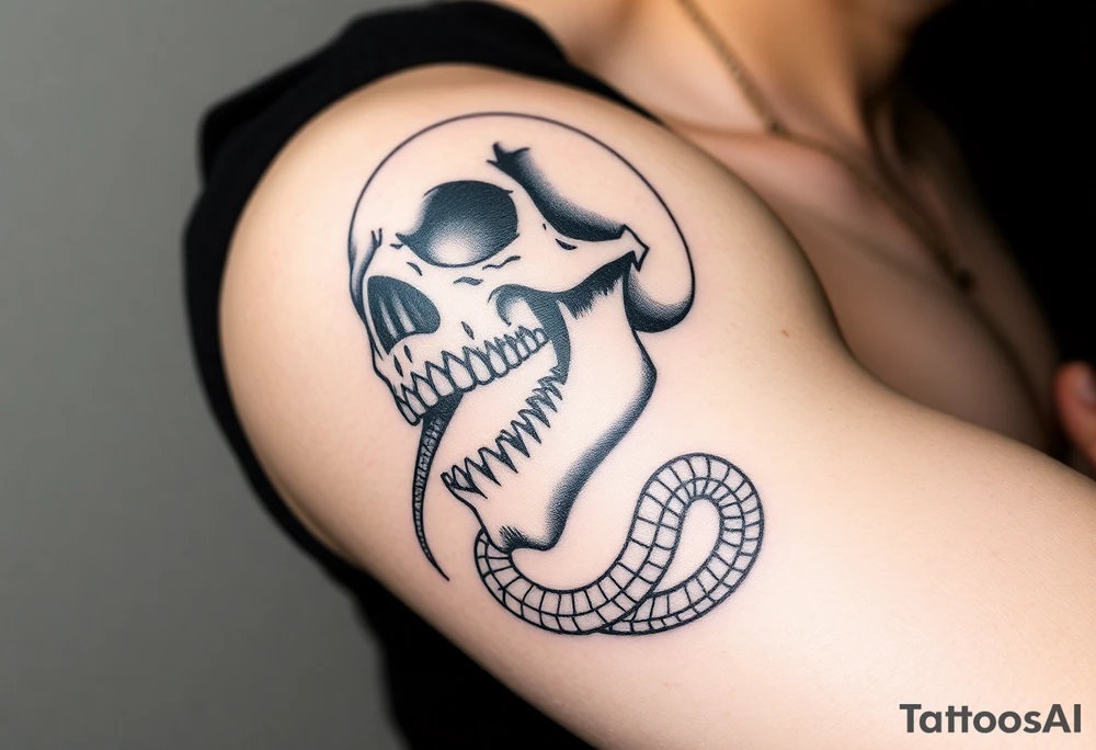 A hyper-realistic Dark Mark, with the snake slithering out of the skull’s open mouth, coiled in a hypnotic pose tattoo idea