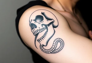 A hyper-realistic Dark Mark, with the snake slithering out of the skull’s open mouth, coiled in a hypnotic pose tattoo idea
