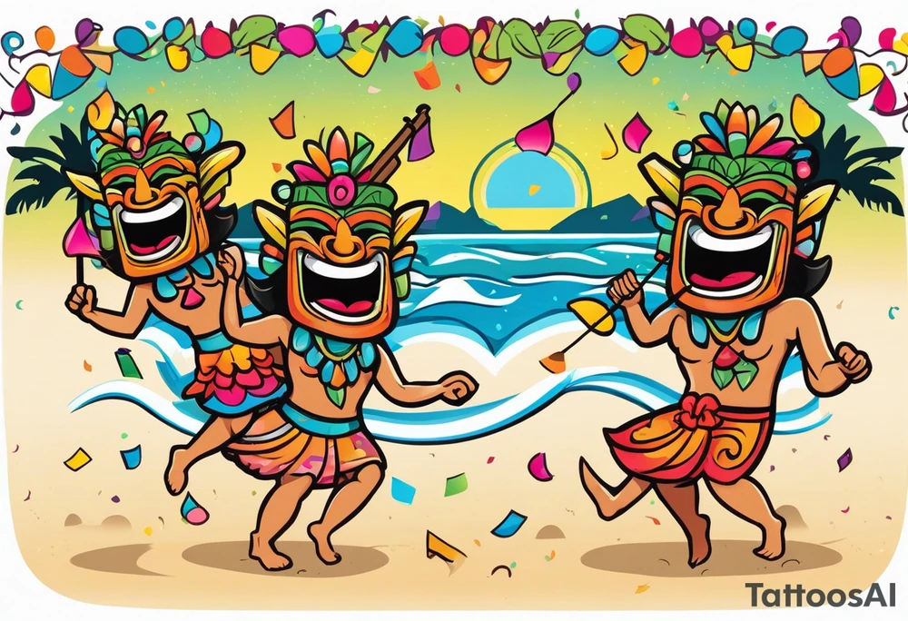 hulu tiki party with dancing tiki guys and sexy tiki girls on a beach with music notes and confetti around a blank space in the middle tattoo idea