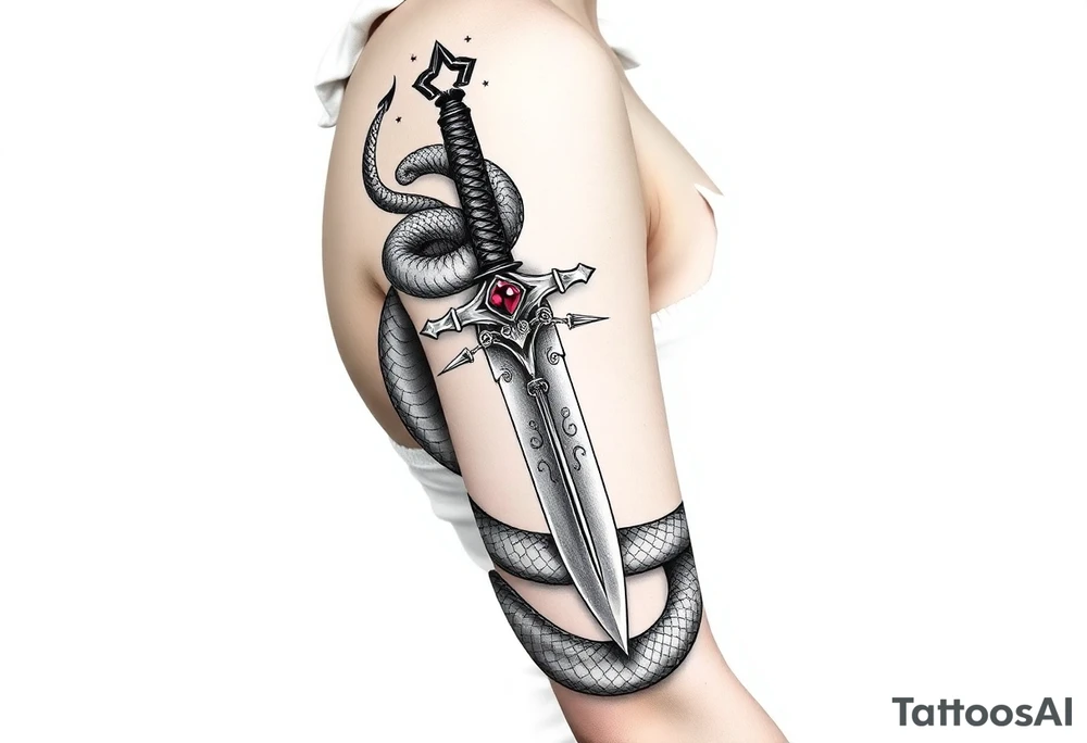 mystical snake coiled around an ancient dagger with jeweled hilt tattoo idea