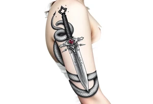 mystical snake coiled around an ancient dagger with jeweled hilt tattoo idea