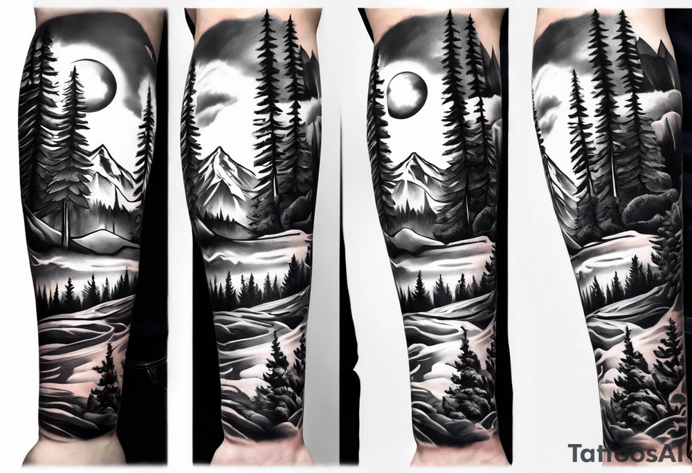 arm sleeve with trees, mountains and snow skier tattoo idea