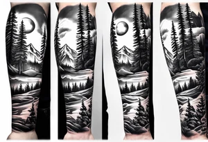 arm sleeve with trees, mountains and snow skier tattoo idea