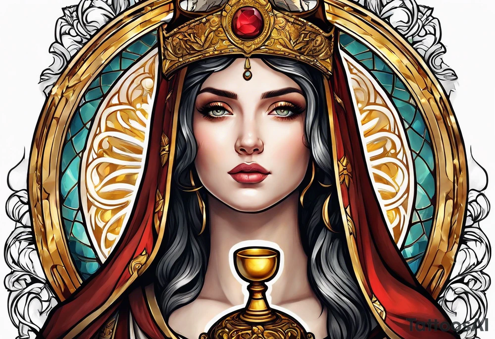 woman saint holding chalice surrounded by golden halo portrait tattoo idea