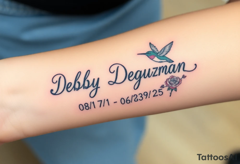 Tattoo of the exact name Debby Deguzman in chunky curly cursive with the exact dates of 08/17/61-05/29/25 surrounded by 1 hummingbird and 1 rose tattoo idea