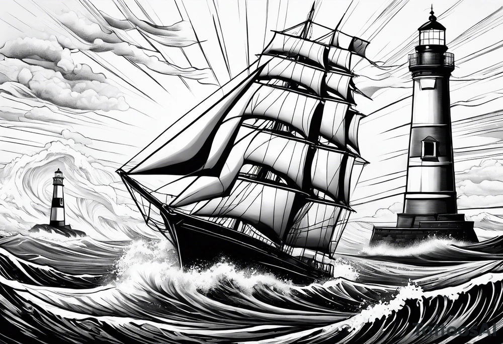 Sailboat on crashing waves with lighthouse in background tattoo idea