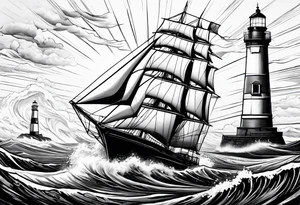 Sailboat on crashing waves with lighthouse in background tattoo idea