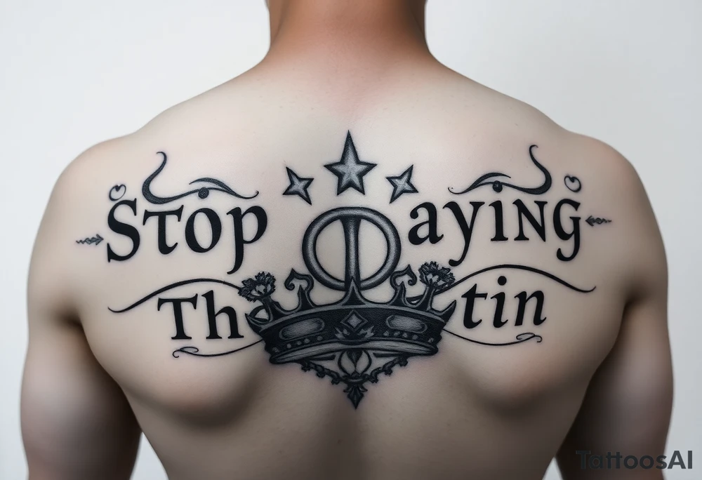 Writer the phrase :"Stop Playing the victim".
Karma style in background.
The words in greek style with some background feature too.
Infinte sign in the middle and allaround roman crown tattoo idea