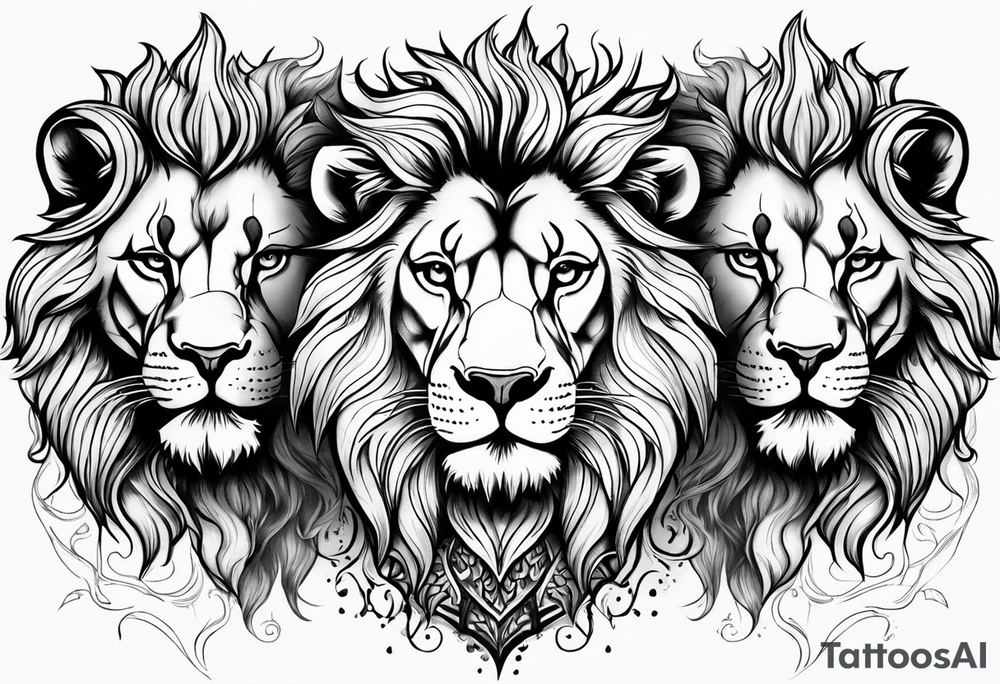 A lion with two expressions surrounded by flames tattoo idea
