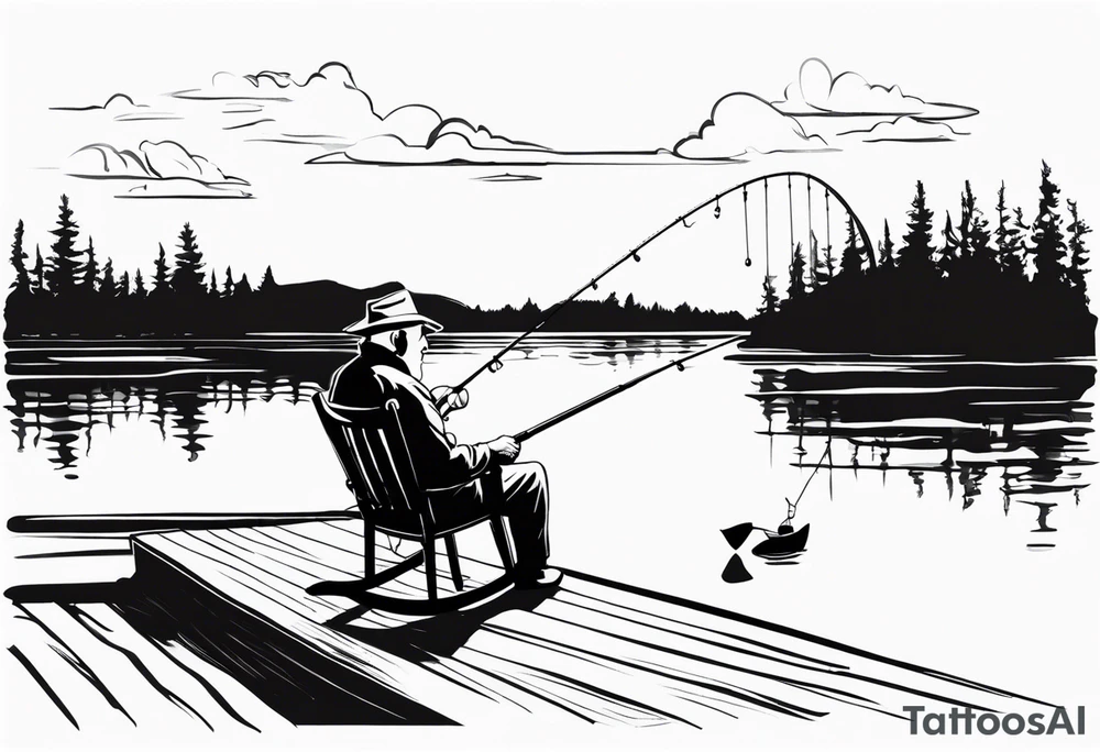 Old man fishing in a rocking chair next to water tattoo idea