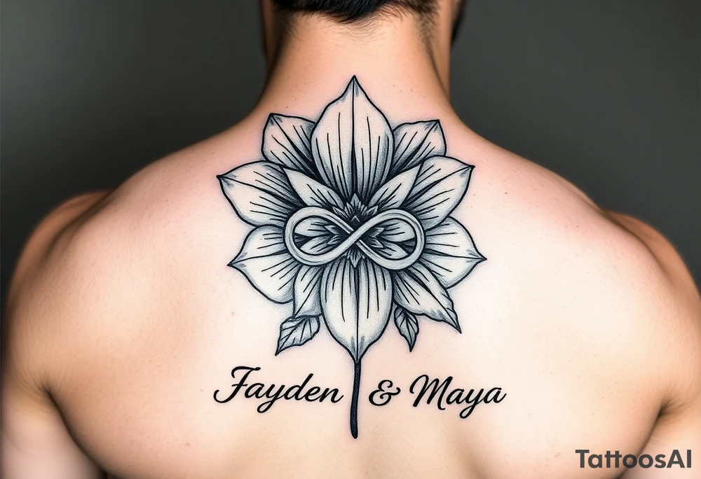 January December birth Flower with infinity sign and the names Jayden and Maya tattoo idea