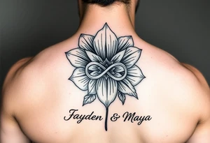 January December birth Flower with infinity sign and the names Jayden and Maya tattoo idea